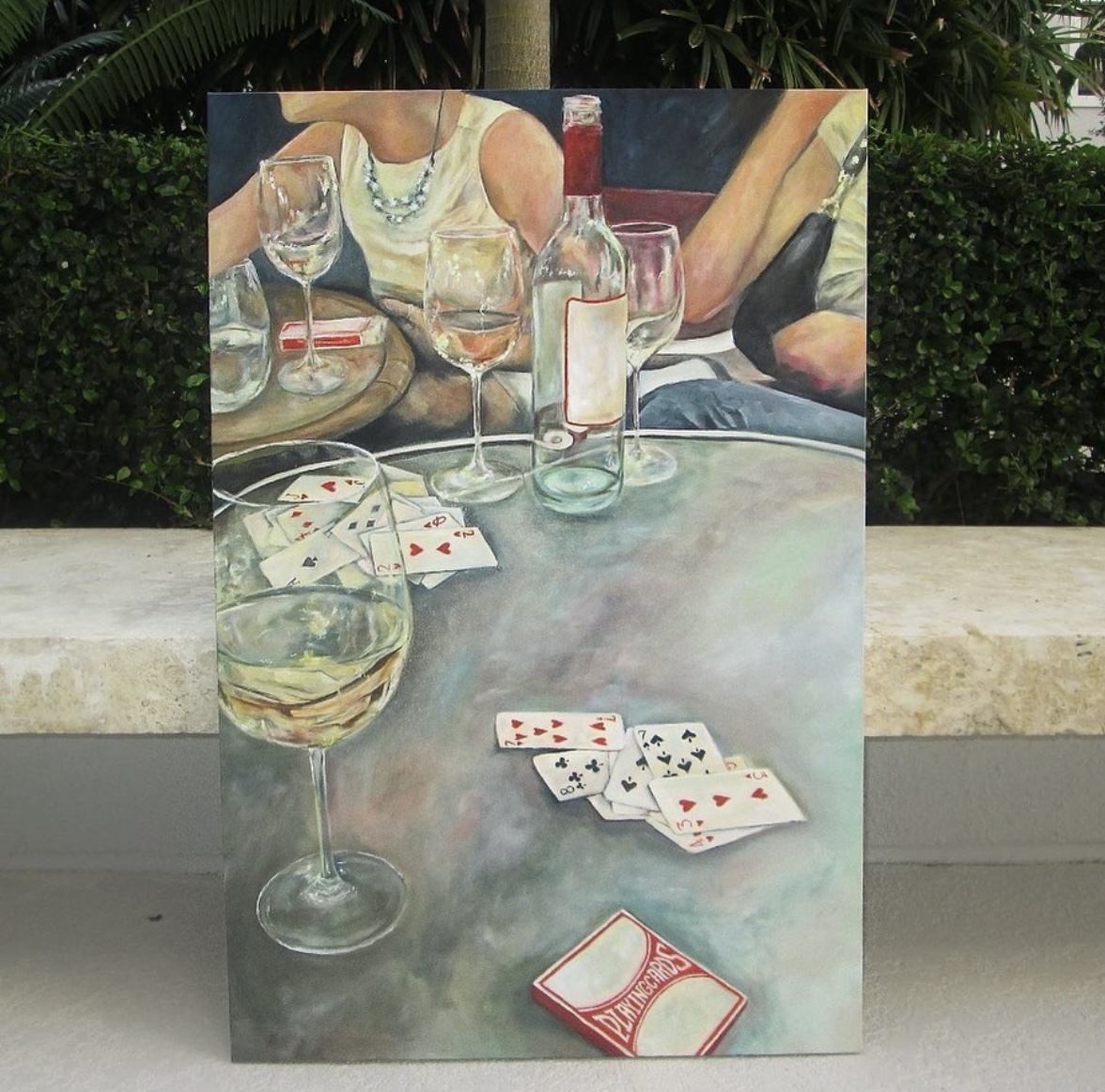 A painting of playing cards and a glass of wine on a table